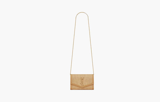 Uptown Chain Wallet In Micro Raffia "Natural Hay & Blush"