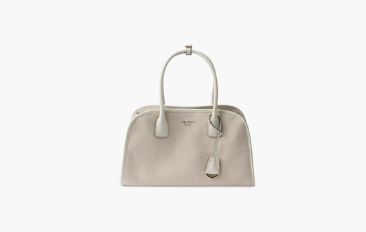 Medium Linen Blend and Leather Tote Bag "Tan/White"