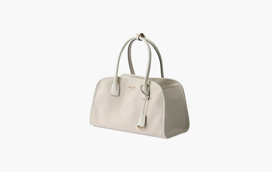 Medium Linen Blend and Leather Tote Bag "Tan/White"