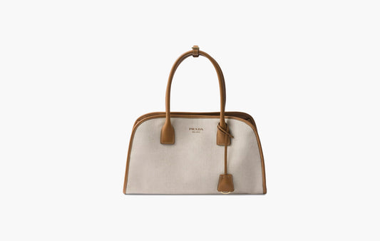 Medium Linen Blend and Leather Tote Bag "Tan/Caramel"