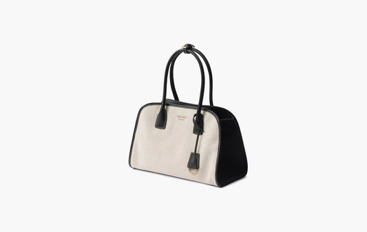 Medium Linen Blend and Leather Tote Bag "Tan/Black"
