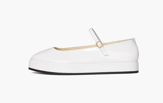 Clara Wedge Mary-Jane Ballerina In Patent Calfskin "White"